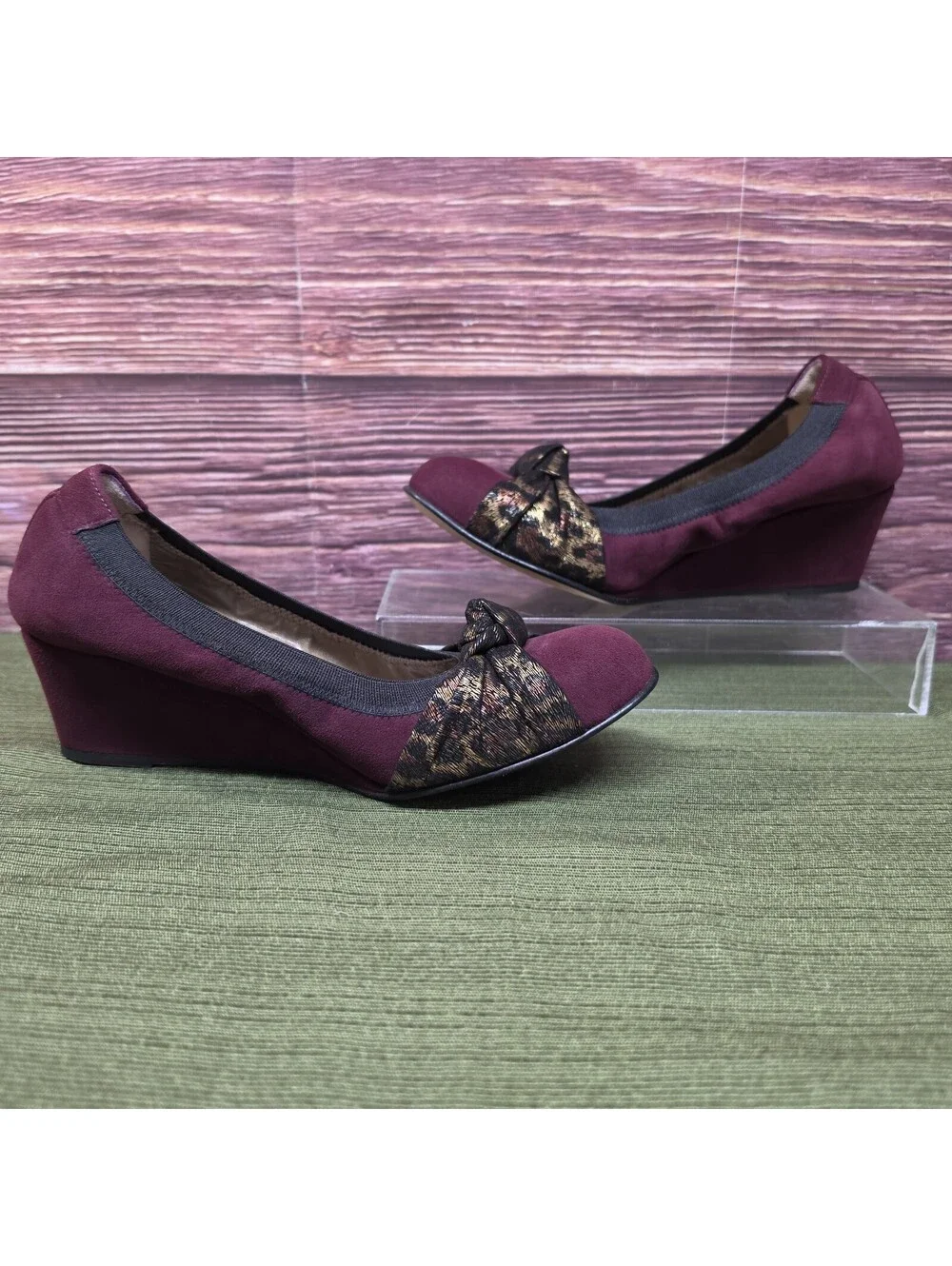 Anyi Lu Rosie Women's Bordeaux Suede Graphite Shimmer Knot Wedge EU 36